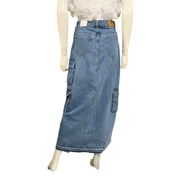 Flying Angel Medium Wash Cargo Denim Maxi Skirt, 27